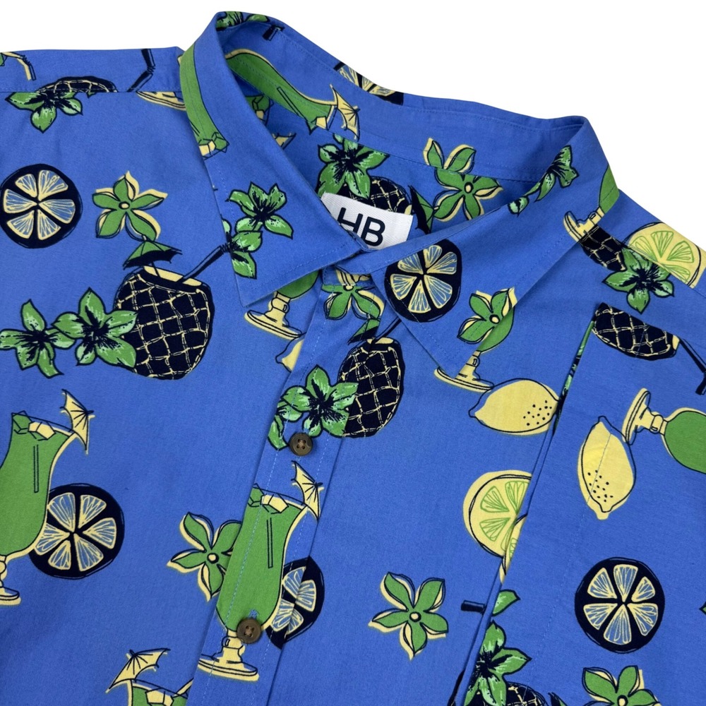 HB Button Up Shirt Tropical Cocktail Fruit Print Mens 2XL Blue‎ Hawaiian Beach